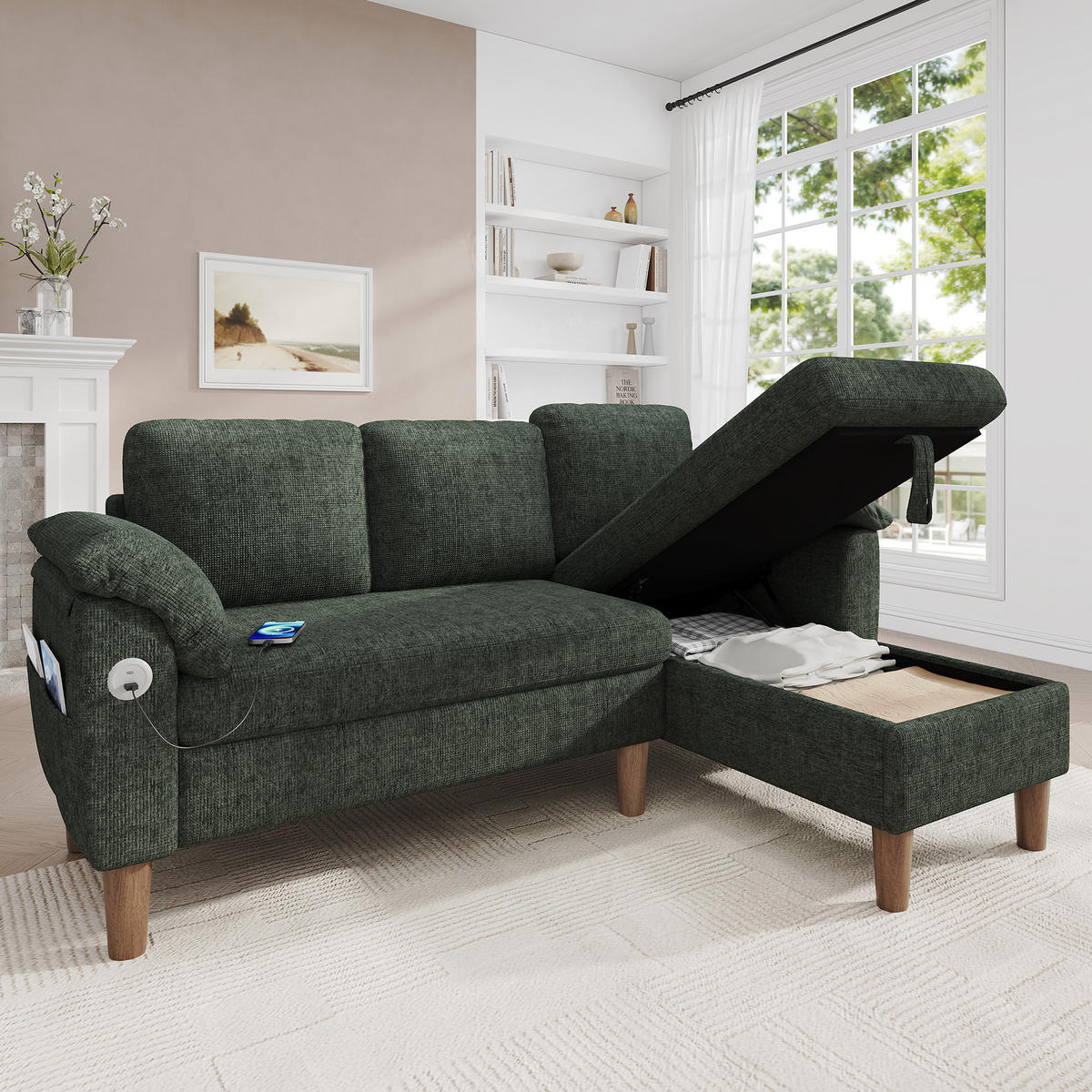 ECKSOFA 181/125/88 cm Grün mit Stauraum-Chaiselongue und USB/Type-C-Ladeanschluss - Grün, Textil (181/125cm) - Oxeza