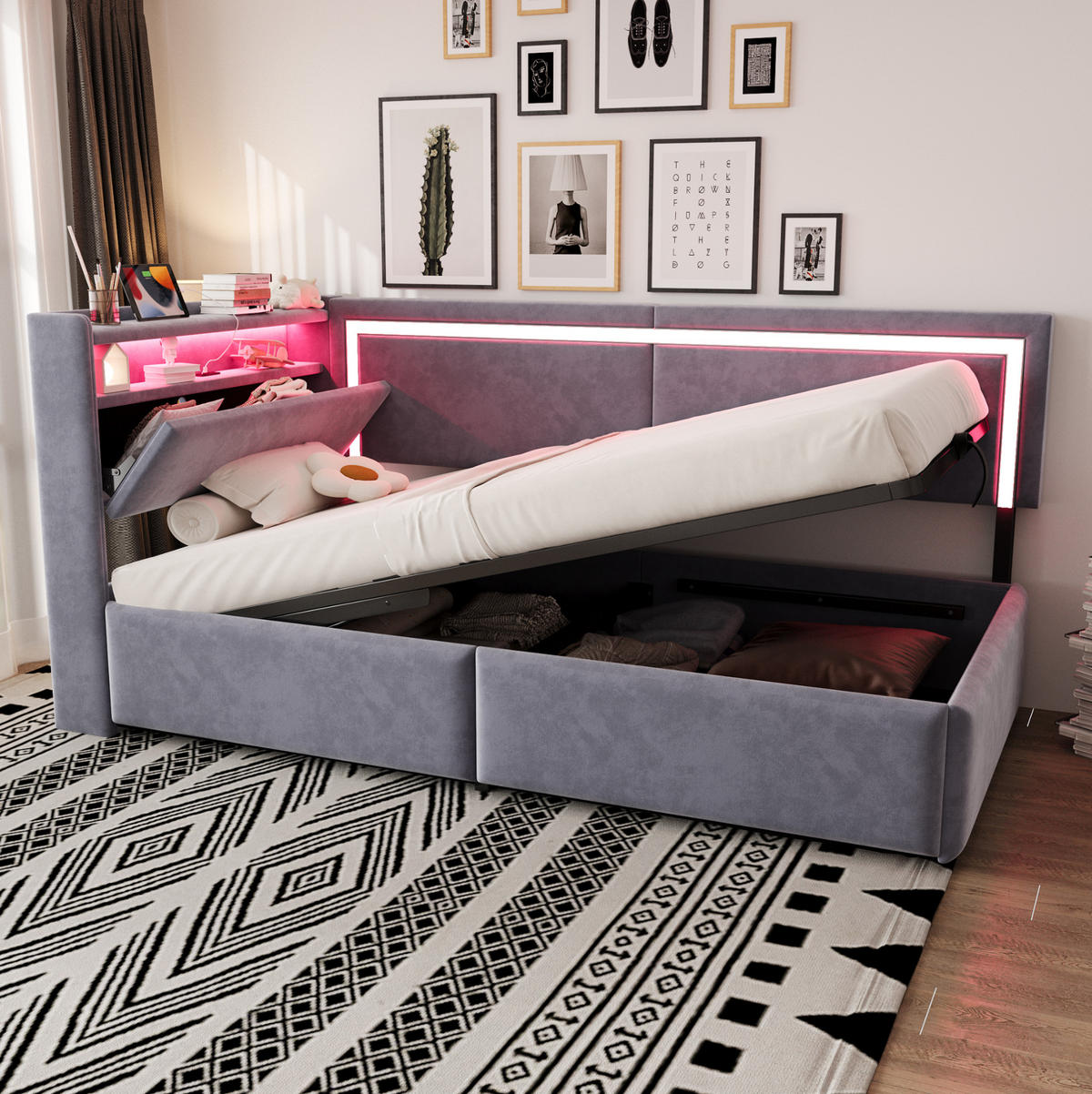 ČALÚNENÁ posteľ 90/200 cm svetlosivá s LED, USB a úložným priestorom zo zamatu - svetlosivá, textil (90/200cm) - OKWISH