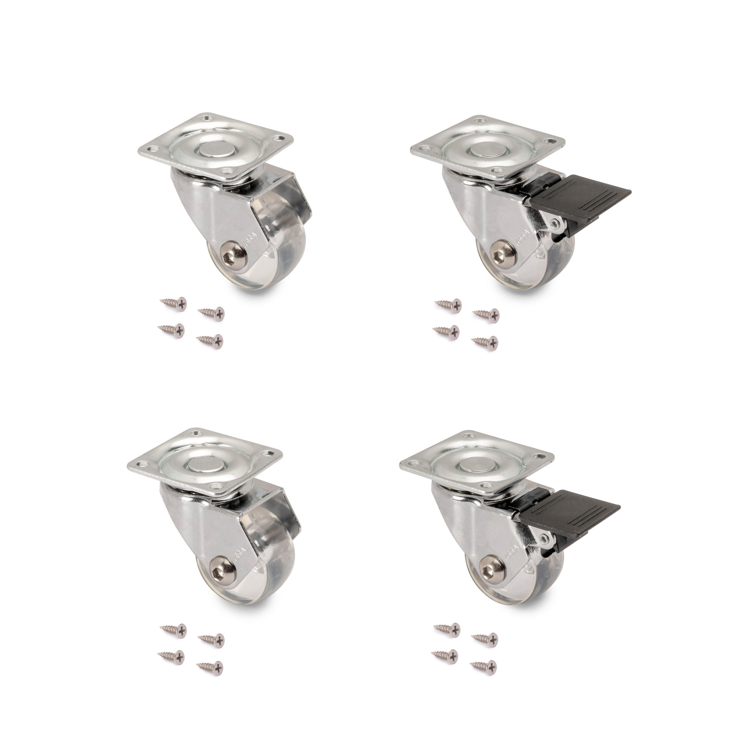 ROLLEN Slip 3 transparent, mit Montageplatte, Durchmesser 35mm, Stahl und Kunststoff 4er-set - Multicolor, Metall (4.2/5/4.2cm) - EMUCA
