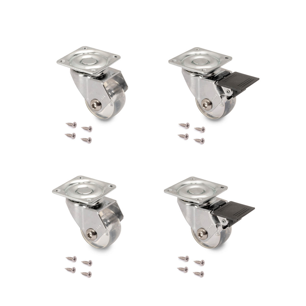 ROLLEN Slip 3 transparent, mit Montageplatte, Durchmesser 35mm, Stahl und Kunststoff 4er-set - Multicolor, Metall (4.2/5/4.2cm) - EMUCA