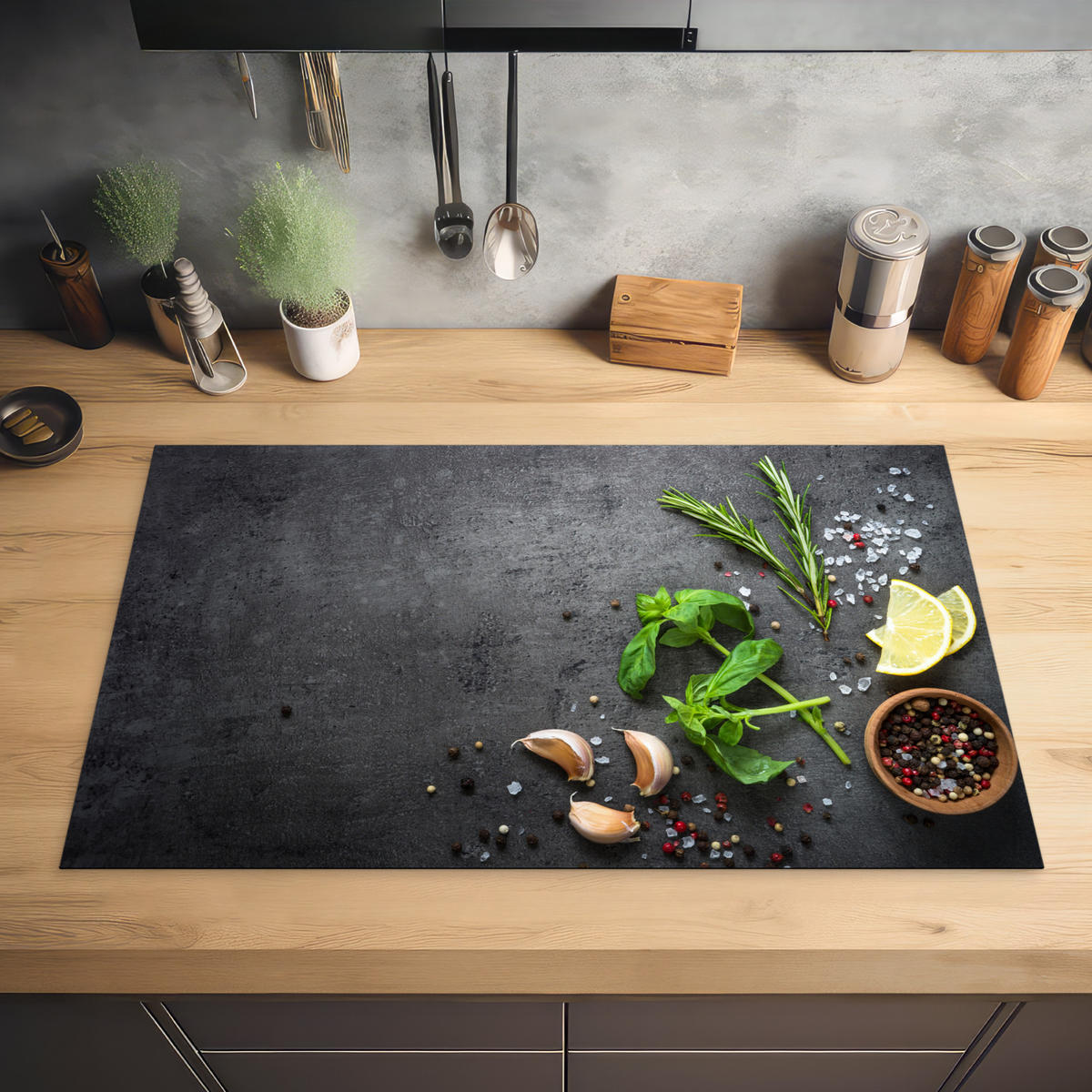 HERDABDECKPLATTE Limette - Kräuter - Gewürze - Grün - Grau - Beton Ceranfeldabdeckung 85x52 cm - Grün, Kunststoff (85/52/0.2cm) - MuchoWow