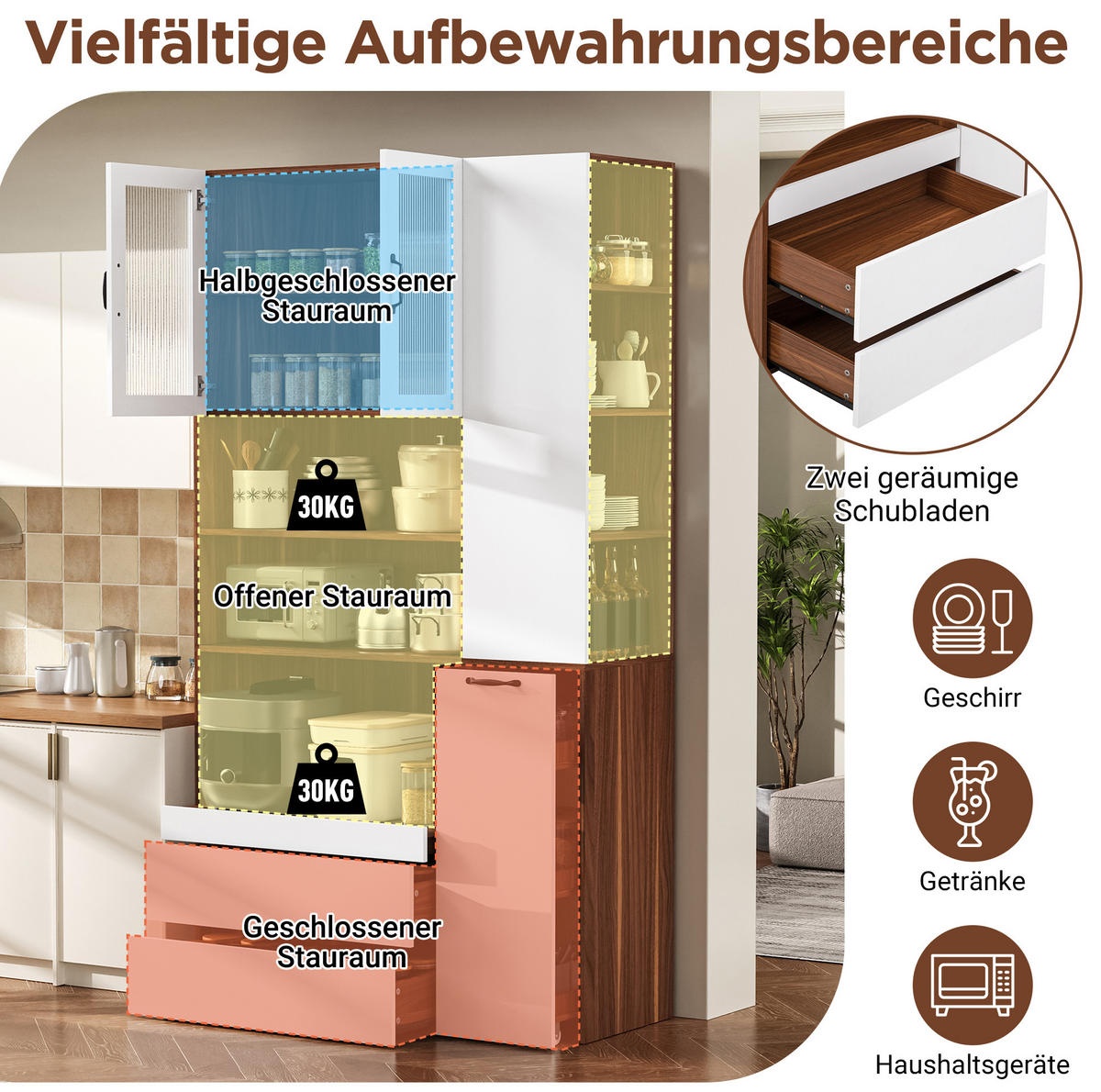 HIGHBOARD 100/40/200 cm mit 2 Schubladen und Riffelglas in Weiß/Nussbaum - Weiß, Holzwerkstoff (100/200/40cm) - BEAOK