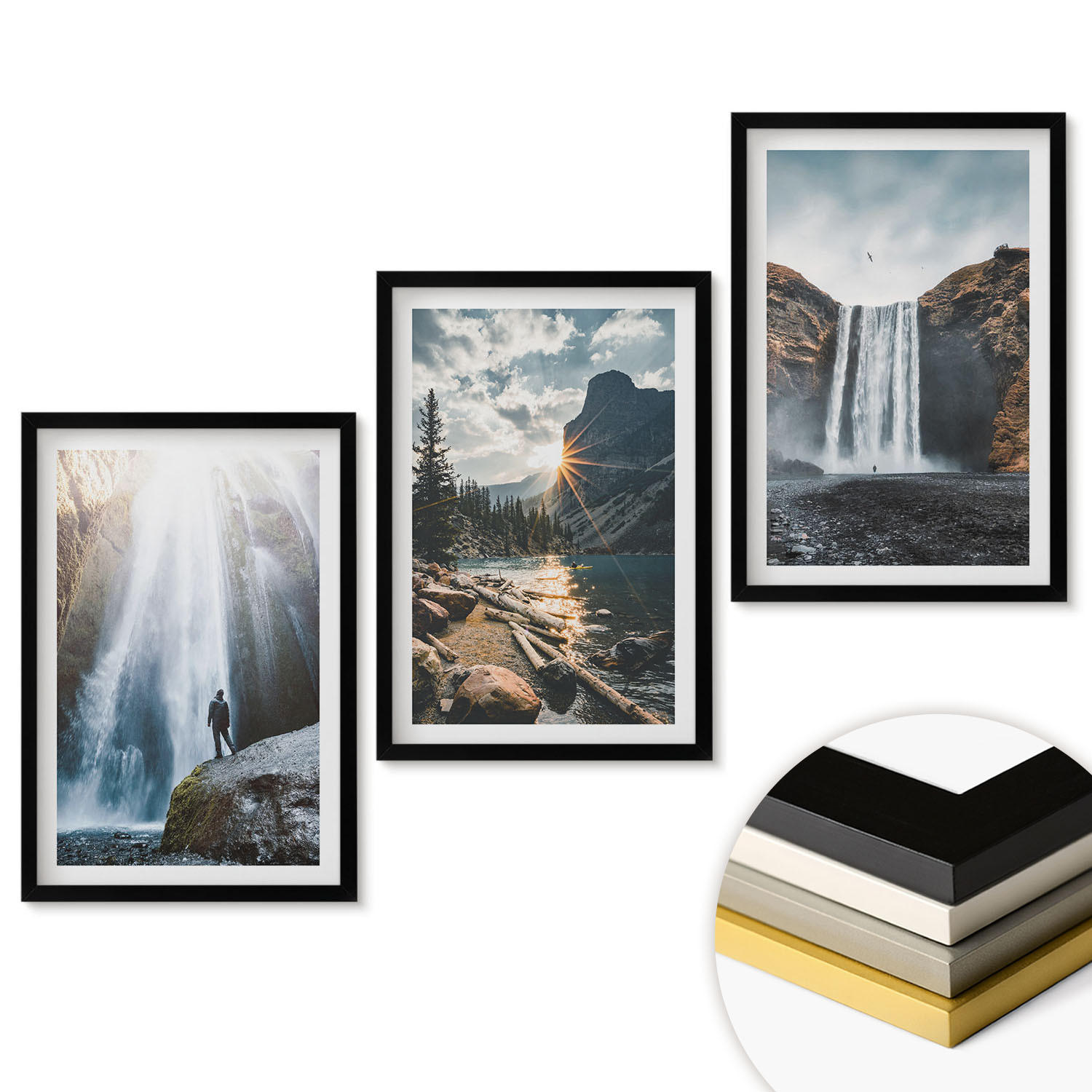 WANDBILDER 3er-Set - 40x60 cm Schwarzer Rahmen - Wasserfälle, Berge, Landschaften, Natur - Schwarz, Kunststoff (40/60cm) - ArtPrintCave
