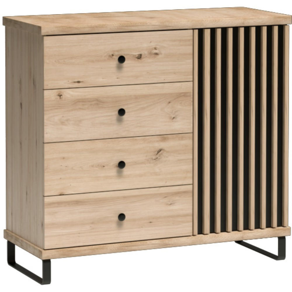 KOMMODE Caya mit ein Tür, vier Schubladen und Metallbeinen - Schwarz/Eiche Artisan, Holzwerkstoff/Metall (102/95/41cm) - Beautysofa