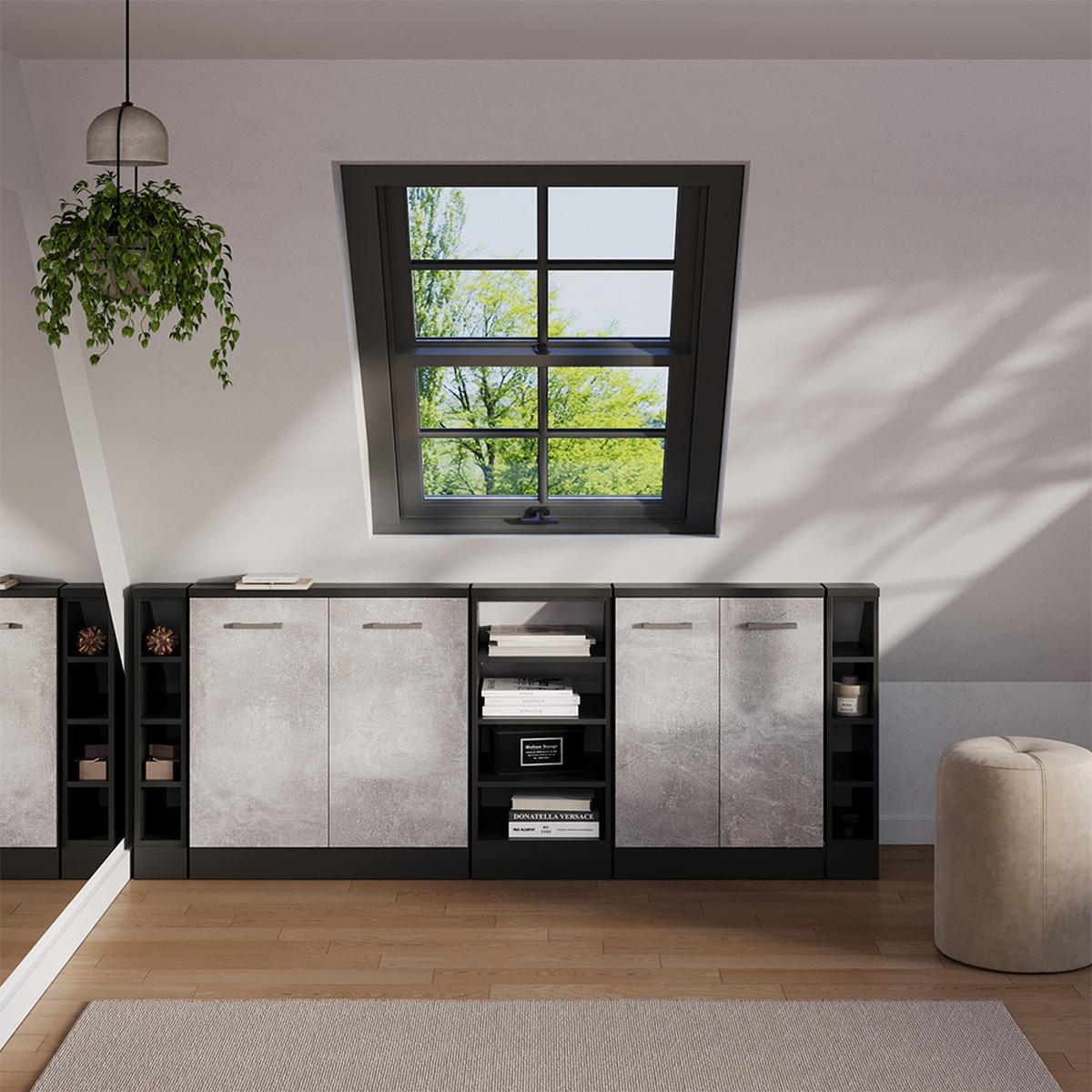 ŠATNÍ SESTAVA PRO ŠIKMÉ STŘECHY Rion Beton/antracit - šedá, kompozitní dřevo (210/81.6/46cm) - Vicco