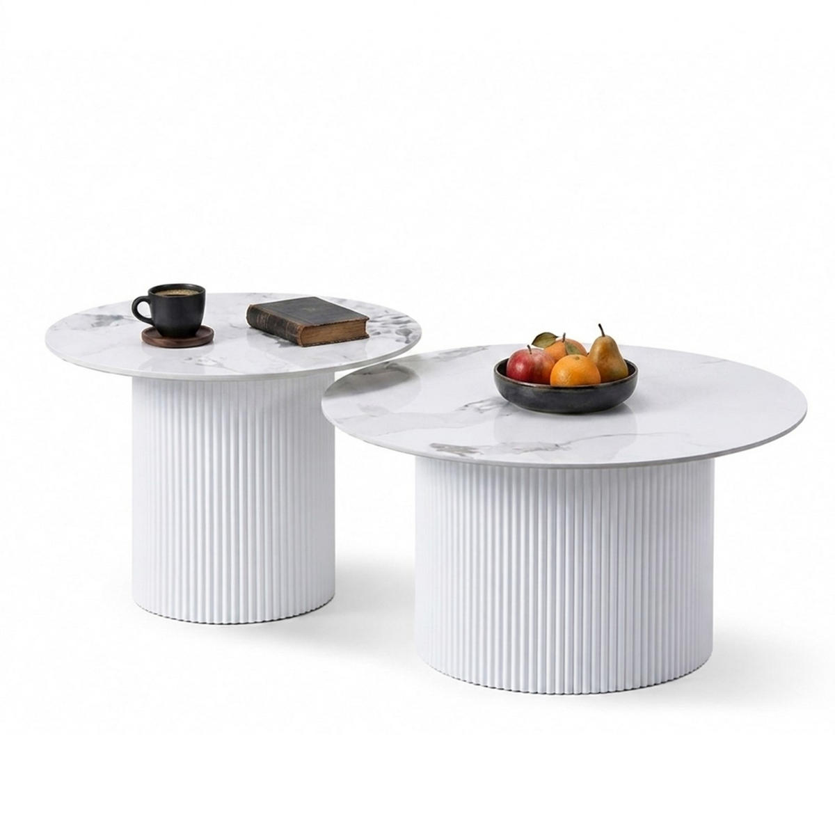COUCHTISCH-SET Keramik rund 2-tlg. Trommelgestell Weiß 80 & 60 cm - Weiß, Keramik/Metall (80/80/46cm) - HOOZ