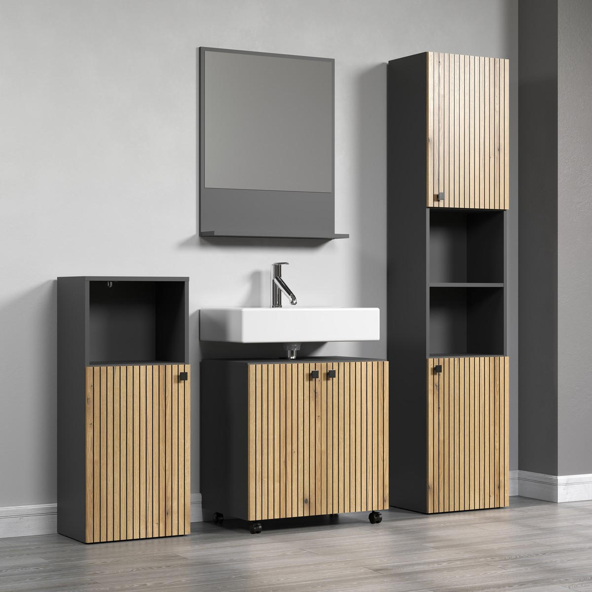 BADEZIMMERSÄULE mit Rillen, 2 Türen und 2 Fächern - purebliss 112/15/44,5 cm - Eichefarben, Holzwerkstoff (40/186/31cm) - Trendteam