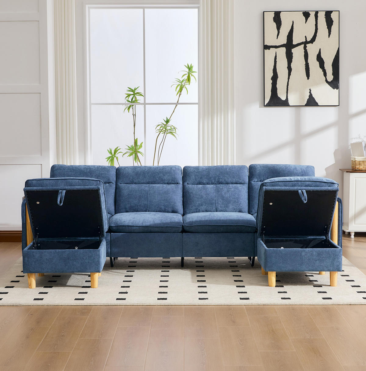 SOFA-SET U-Form mit Stauraum 261 cm Chenille Blau 4-Sitzer - Blau, Holz (77/86/261cm) - Meubliv
