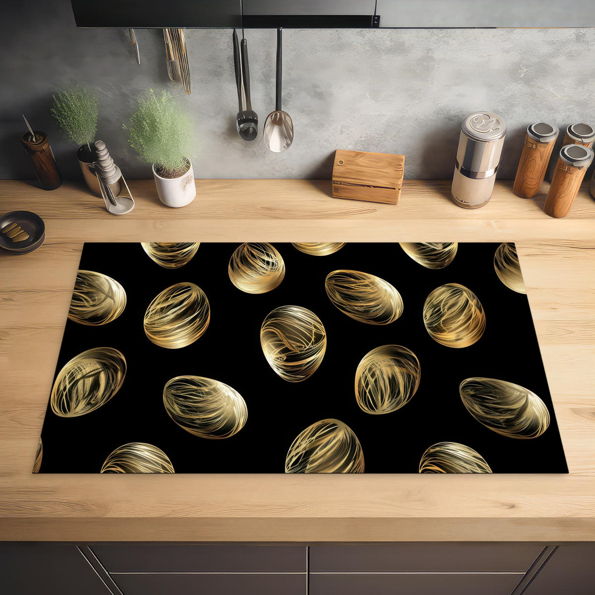 HERDABDECKPLATTE Eier - Gold - Muster Induktionsmatte 83x51 cm - Schwarz, Kunststoff (83/51.5/0.2cm) - MuchoWow