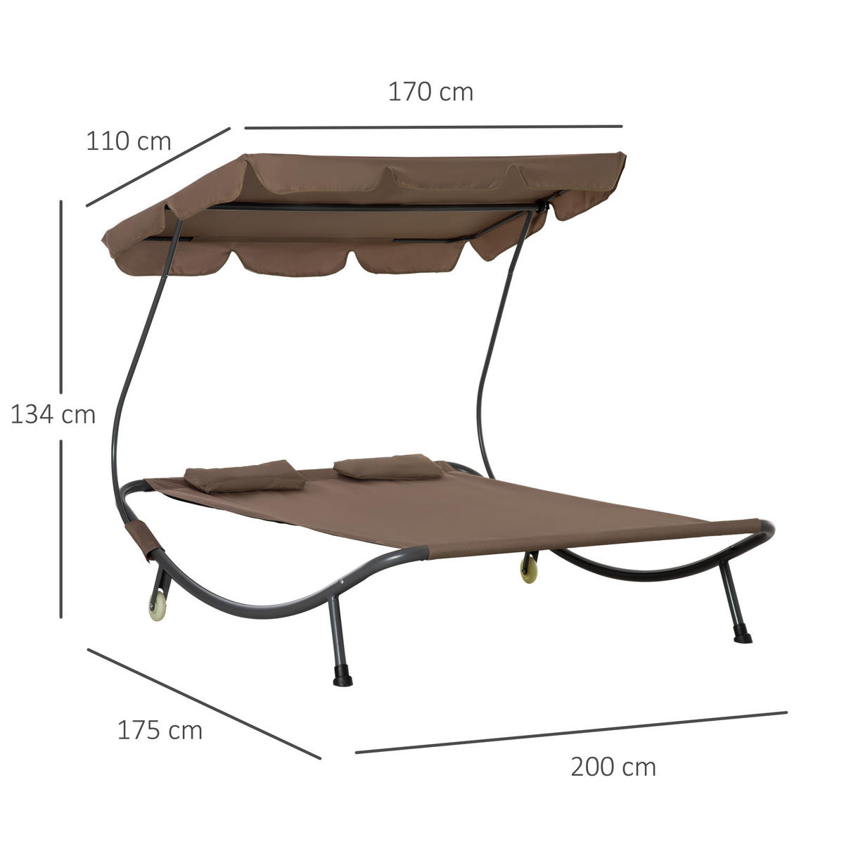 SONNENLIEGE Doppelte 2-Sitzer-Sonnenliege mit verstellbarem Sonnenschirm 200 x 175 x 134 cm ,Braun - Braun, Metall (175/134/200cm) - Vallsero