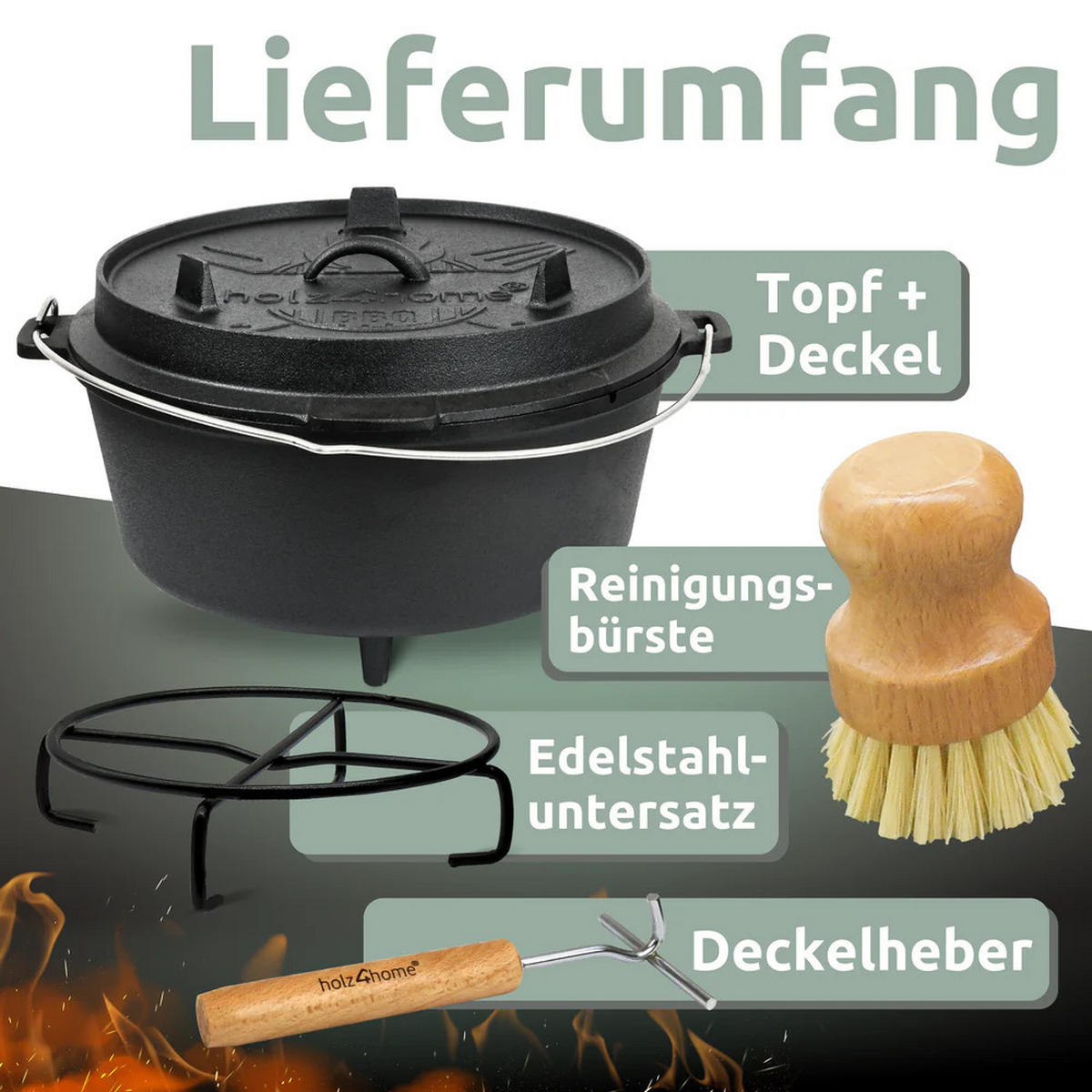 DUTCH OVEN 9 Liter Gusseisen EDOS mit Zubehör - Schwarz, Metall (31/13/31cm) - DELUKE