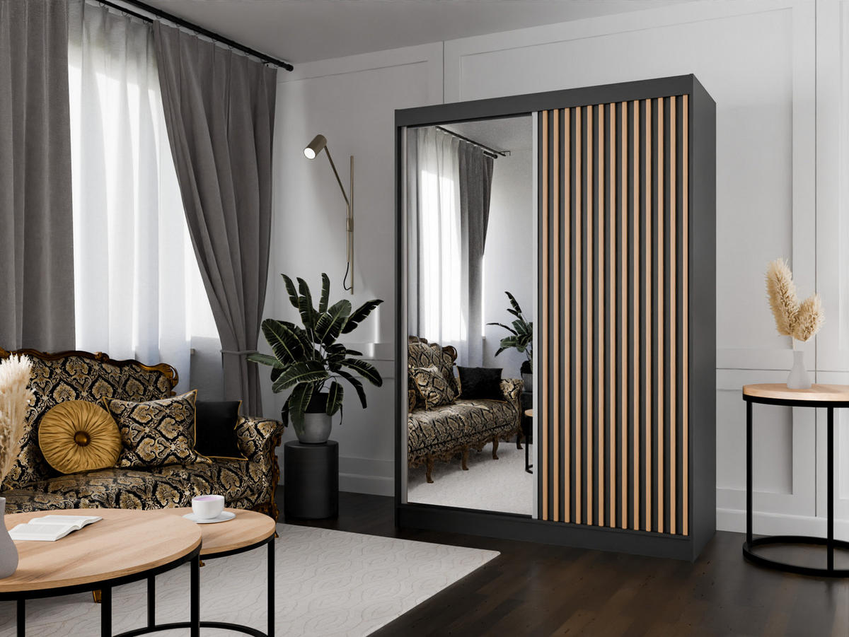 SCHIEBETÜRENSCHRANK LAMELIS - Eiche Wotan/Schwarz, Holzwerkstoff (150/215/61cm) - Meblini