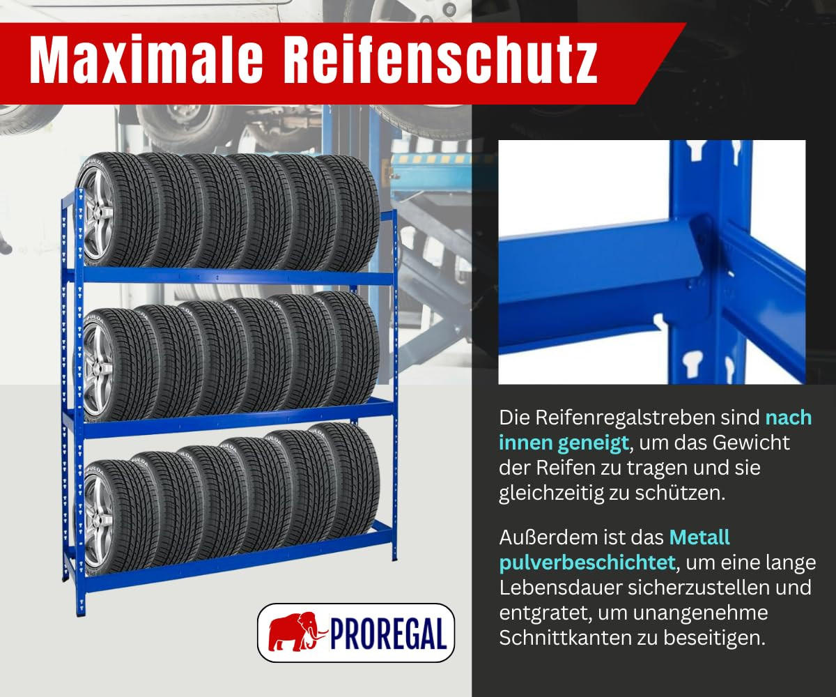 REIFENREGAL Tiger XL 200x180x45 cm 300 kg Fachlast bis zu 21 Reifen auf 3 Ebenen Blau - Blau, Metall (180/200/45cm) - PROREGAL