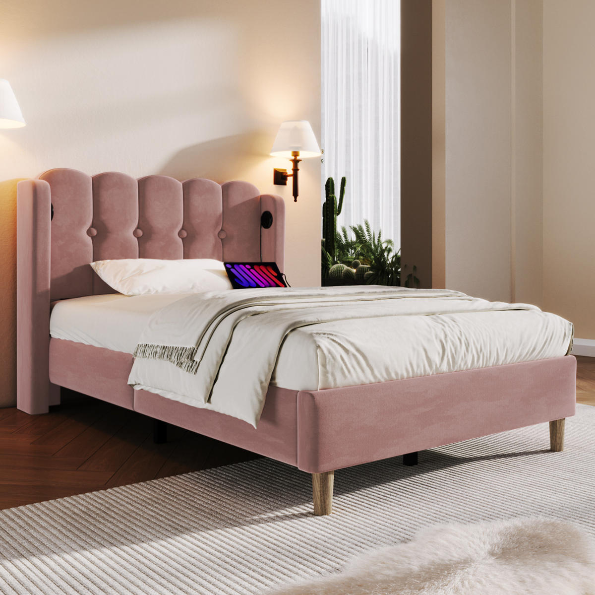 BETT mit USB- und Typ-C-Ladefunktion 90x200 cm Samt Rosa - Pink, Metall (90/200cm) - Meubliv