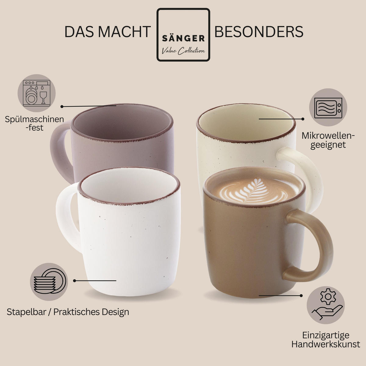 KAFFEEBECHER BOMBAY ERDFARBEN - 4 teilig aus Steingut - Flieder/Cappuccino, Stein (0.8L) - Sänger