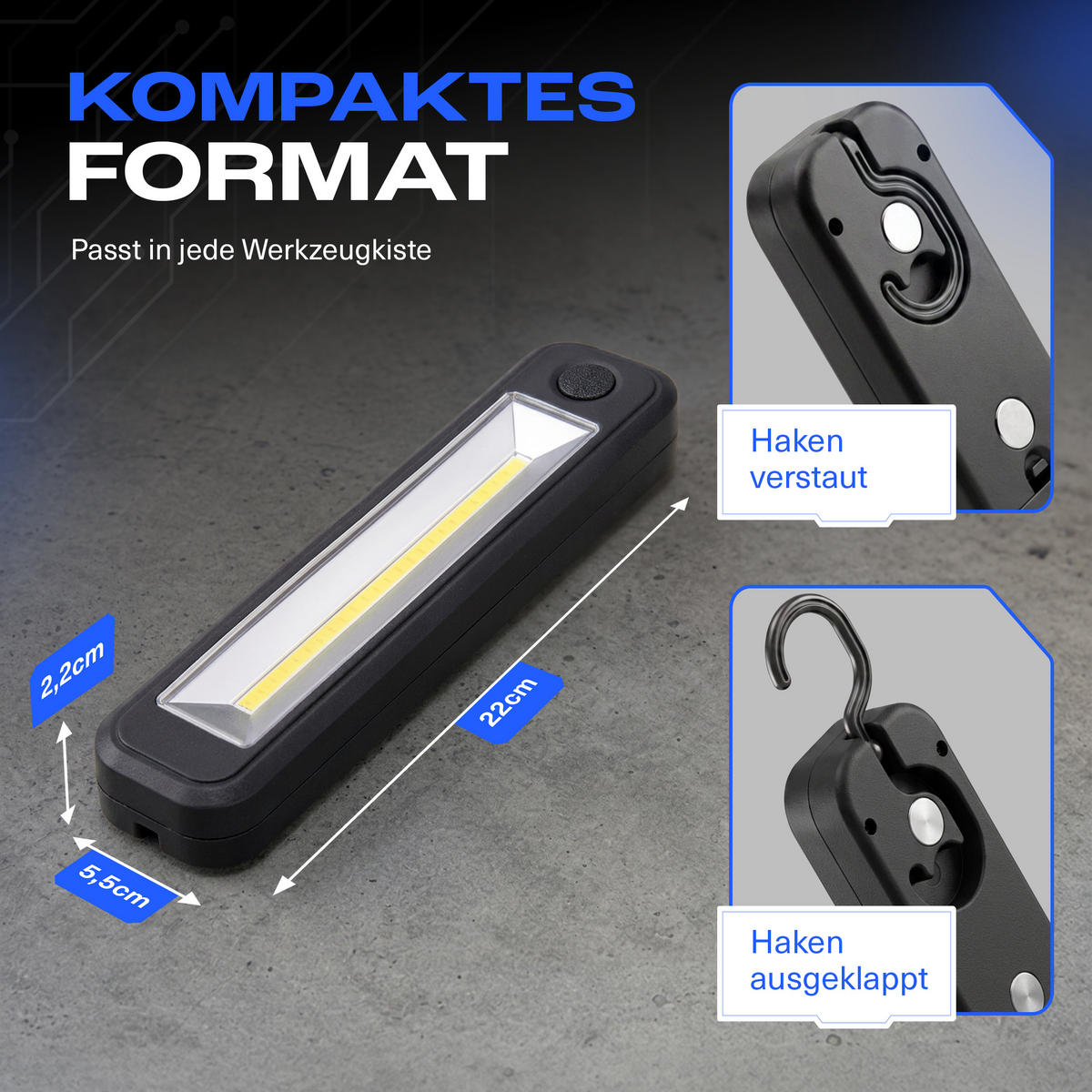 LED-BATTERIE-ARBEITSLEUCHTE - praktische Handlampe mit Magnet und Haken für Werkstatt und Zuhause, 1 Stück - Weiß, Kunststoff (5.5/2.9/22cm) - Northpoint