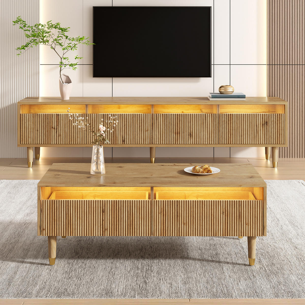 TV-ELEMENT mit Couchtisch - Kombination 2er-Set mit LED-Beleuchtung 4-türig Holzfarben-Gold - Naturfarben, Holzwerkstoff (178/45/35cm) - OKWISH