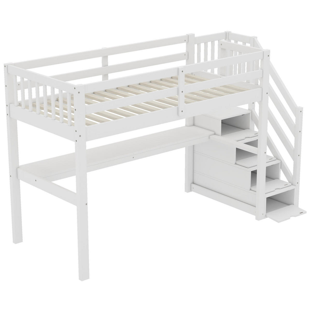 VISOKA postelja 90/200 cm bela s pisalno mizo in shranjevanjem iz bora in MDF - bela, les (90/200cm) - OKWISH