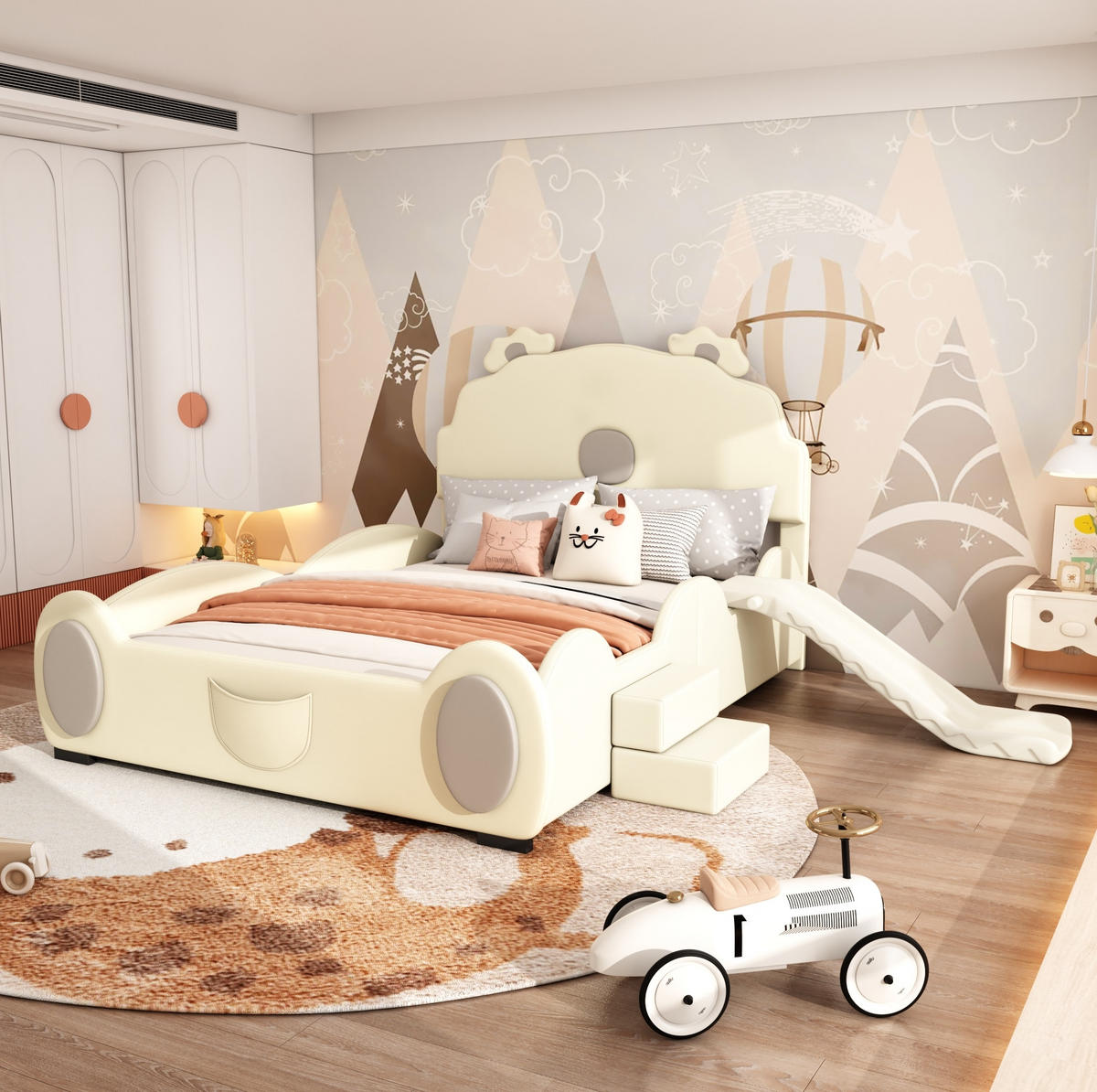 KINDERBETT aus PU und MDF 140x200 cm Beige mit Rutsche und Leiter im Bären-Design - Beige, Kunststoff (140/200cm) - IVMEU