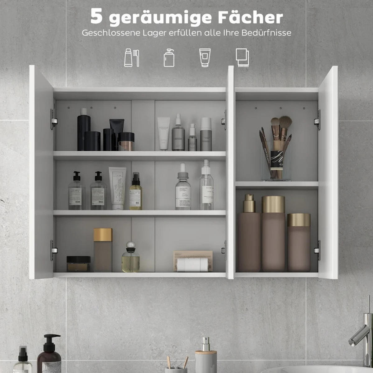 BADEZIMMER Hängeschrank 90x15.5x60 cm Weiß mit 3 Spiegeltüren & 5 Regalen - Weiß, Glas (90/60/15.5cm) - Modfu
