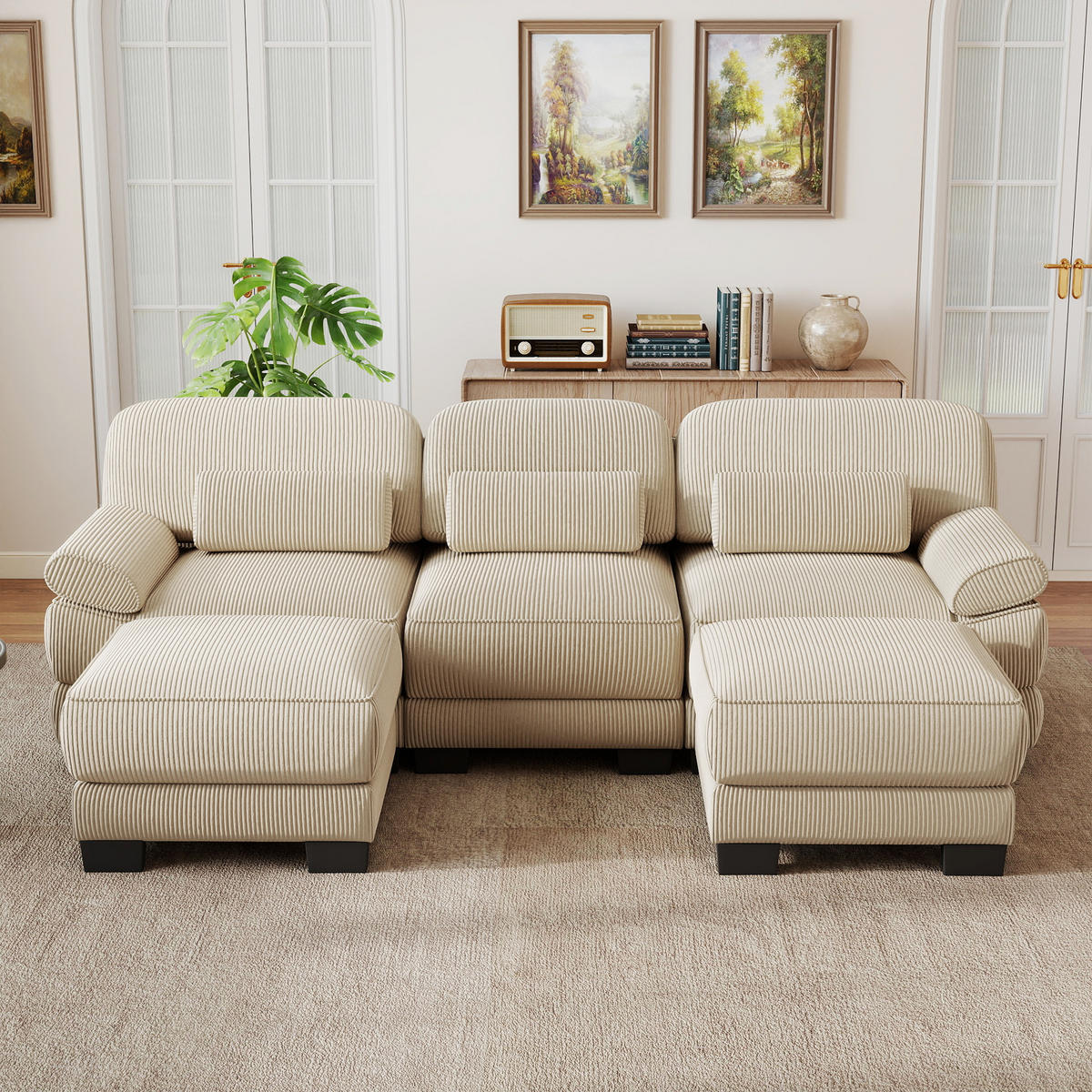 WOHNLANDSCHAFT 3-Sitzer U-Form mit 2 Hockern, DE-42659, Beige - Beige, Holz (265/94/161cm) - ComfortXL