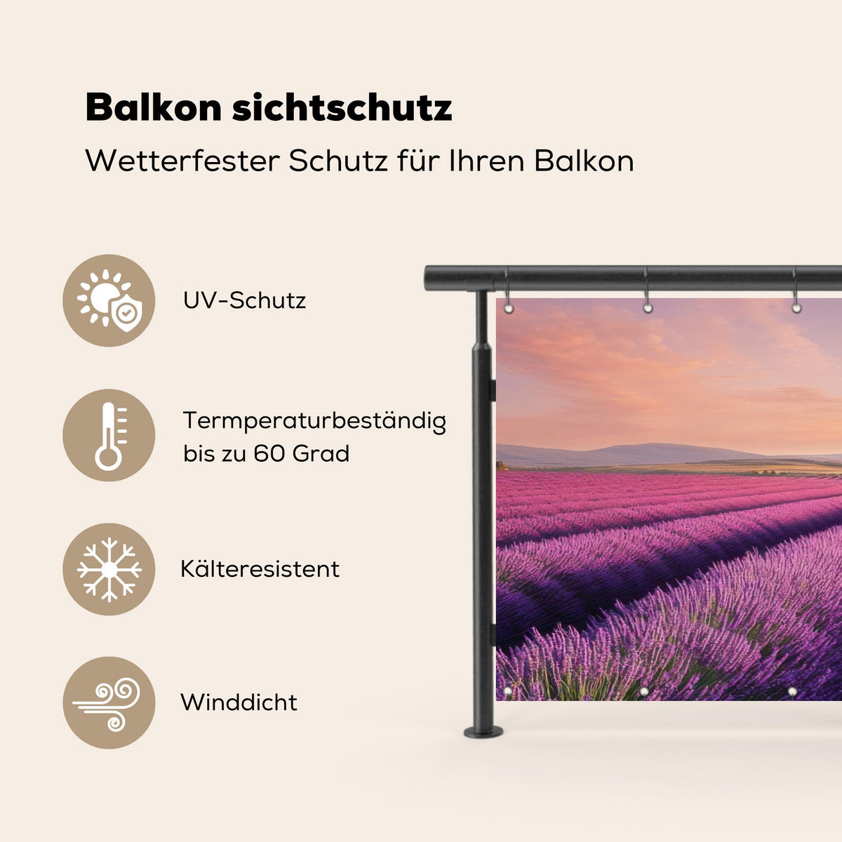 BALKON-SICHTSCHUTZ Lavendelfeld - Sonnenuntergang - Lila - Blumen - Violett, Kunststoff (200/90cm) - MuchoWow