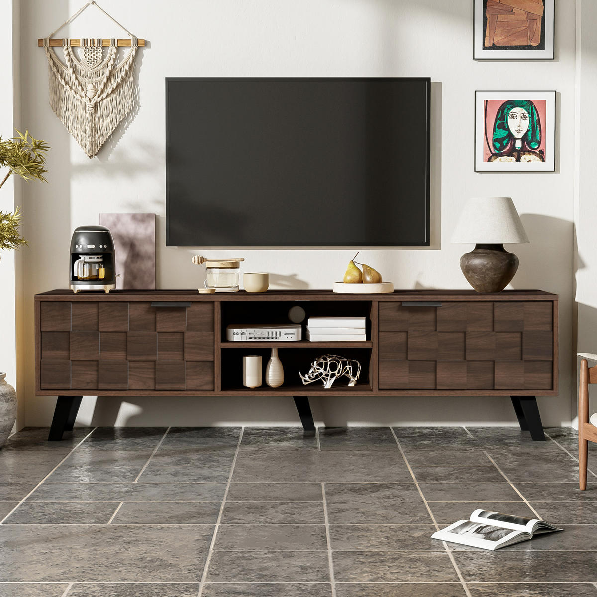 TV stolek 160,5/35,5/45 cm s 2 dvířky a 2 otevřenými policemi, tlumené panty, Dub - hnědá, kompozitní dřevo (160.5/45/35.5cm) - Redom