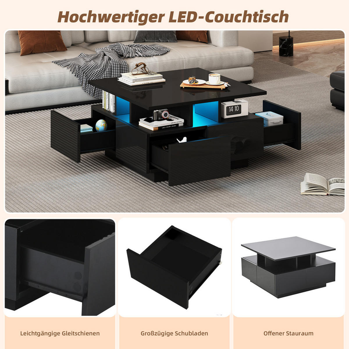 COUCHTISCH 70x70cm Schwarz Hochglanz LED 4 Schubladen Geometrisch 30kg Belastung - Schwarz, Holz (52.07/49.61/20.32cm) - FLIEKS