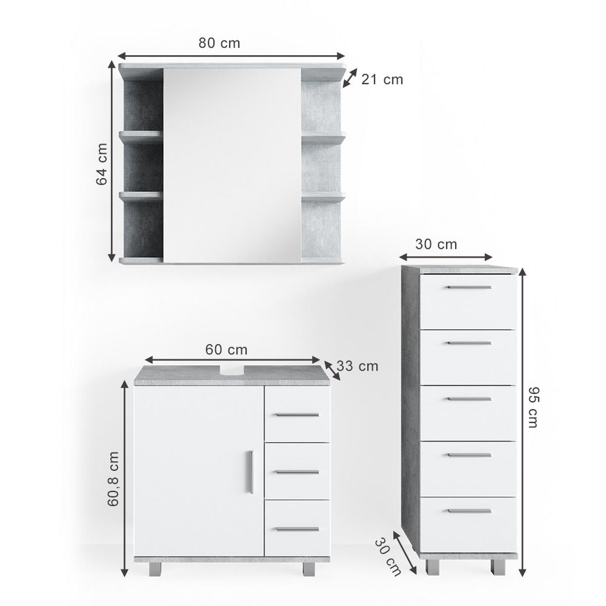 BADMÖBEL-SET Ilias Beton 3 Teile, mit Midischrank - Weiß/Grau, Holzwerkstoff (60/60.8/33cm) - Vicco