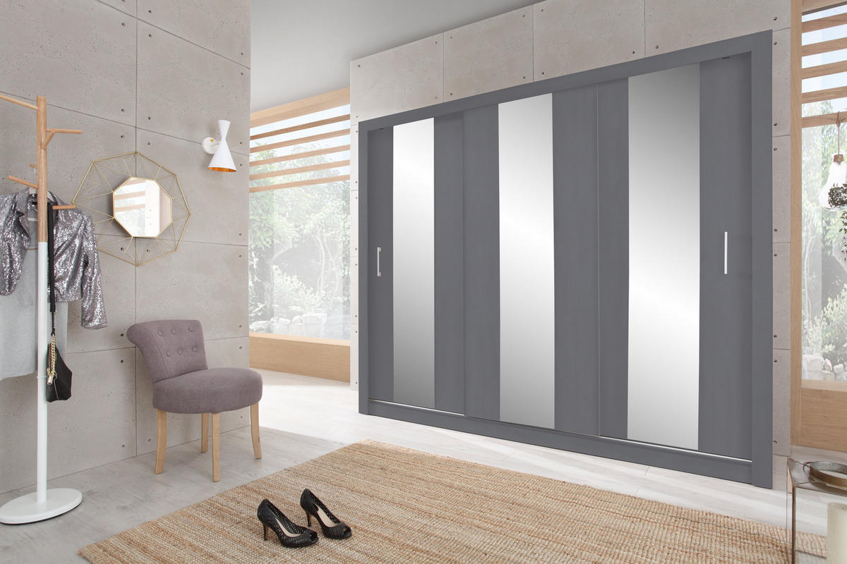 SCHWEBETÜRENSCHRANK MIRA 250/215/60cm 3-türig mit Spiegel Anthrazit - Anthrazit, Holzwerkstoff (250/215/60cm) - MASSENO