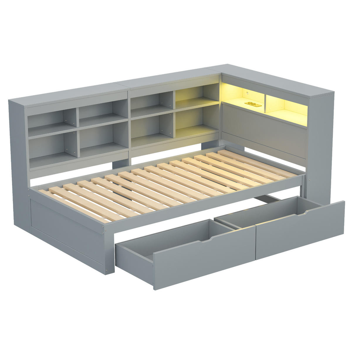 BETT 90/200 cm aus Massivholz mit Stauraum, LED und USB, Grau - Grau, Holzwerkstoff (90/200cm) - Flora Grace