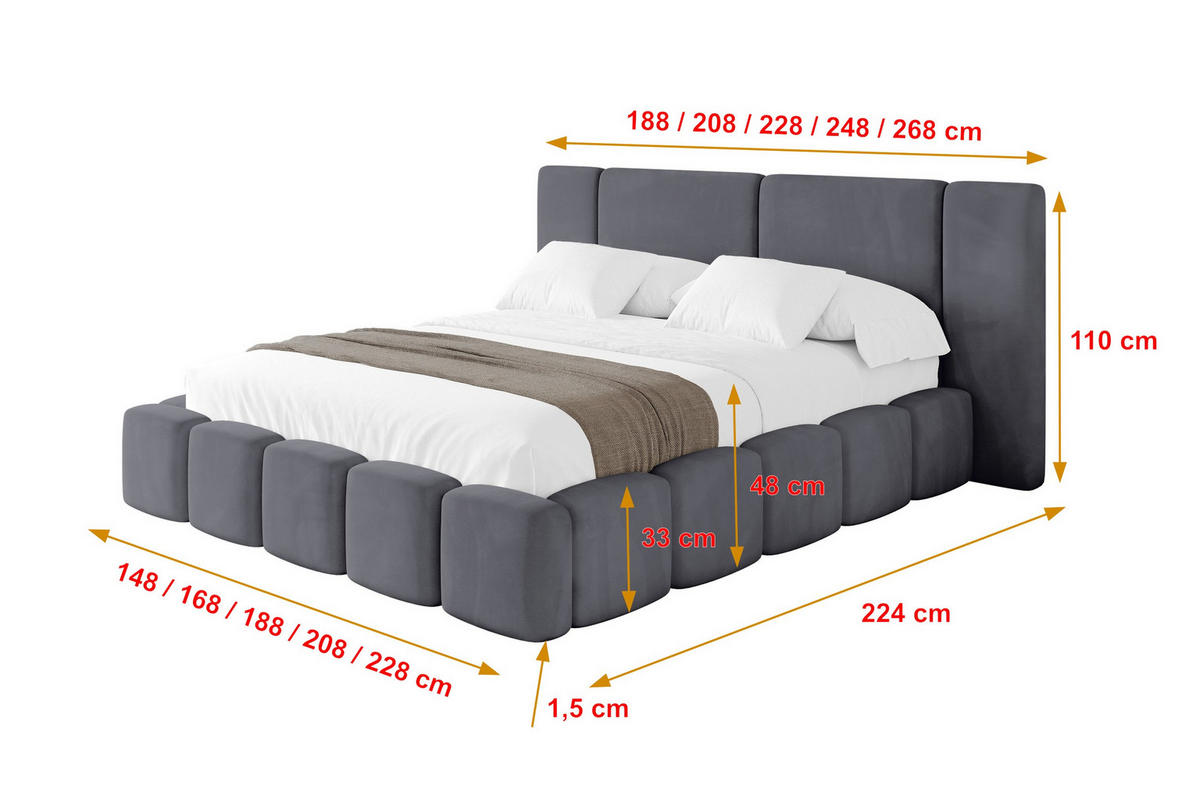 POLSTERBETT mit Bettkasten und Lattenrost, Bett mit Matratze H3/H4 - NILO 140x200 Dunkelgrau - Dunkelgrau, Holzwerkstoff/Textil (140/200cm) - ALTDECOR