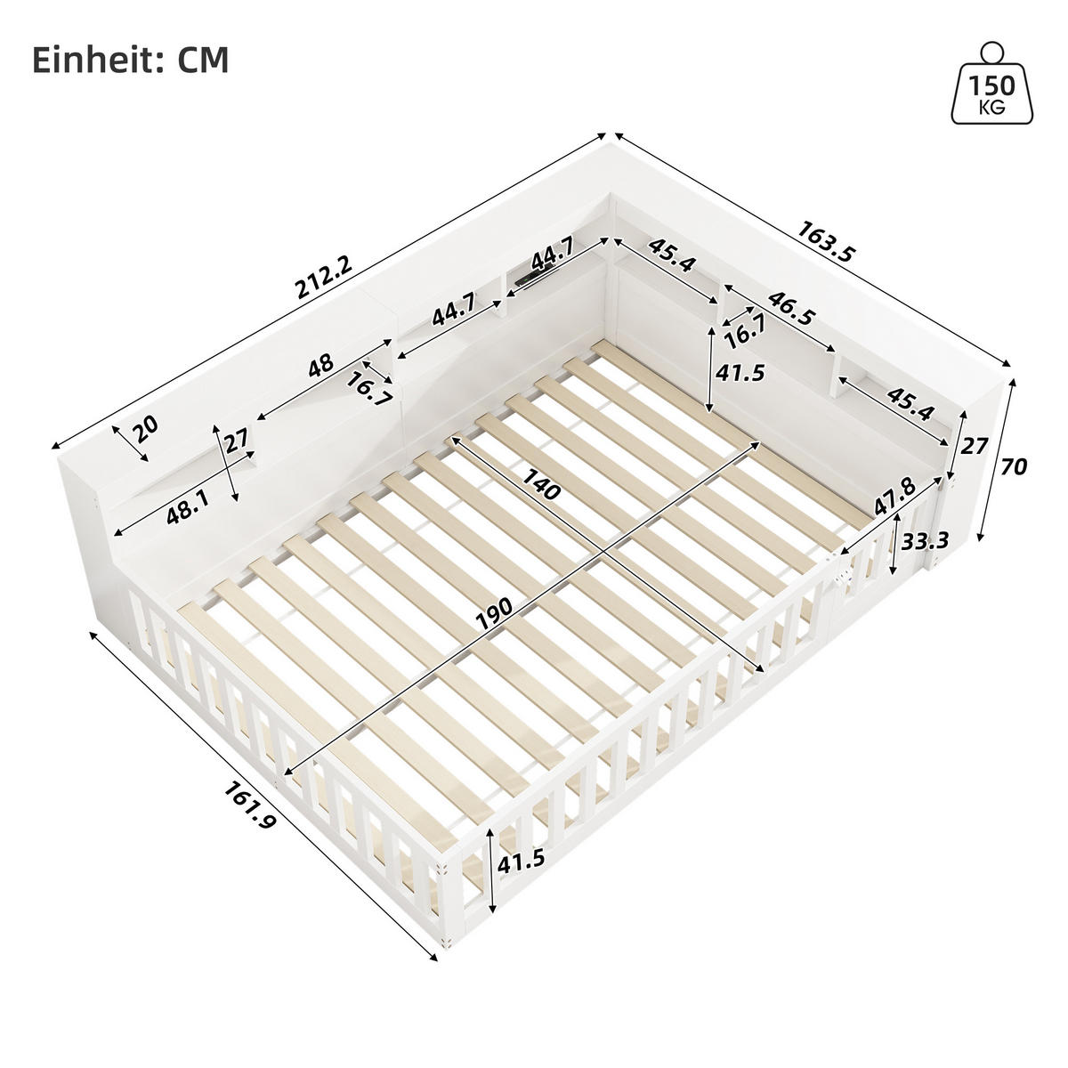 TAGEBETT 140x190cm Weiß Spanplatte Bettseite Staufach Steckdose USB - Weiß, Holz (140/190cm) - FLIEKS