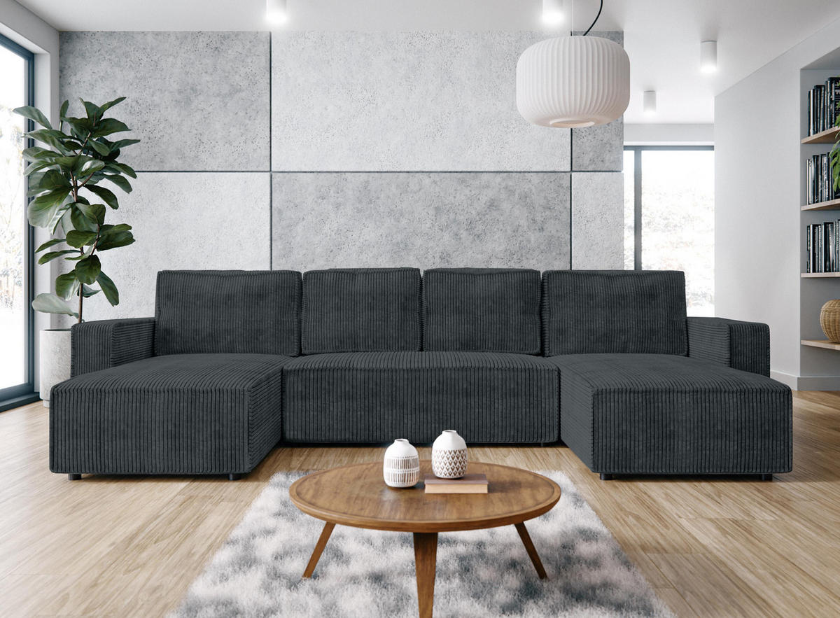 WOHNLANDSCHAFT Aydin U Form Grau 338/169/85 cm Cord mit Schlaffunktion - Schwarz/Grau, Kunststoff/Textil (338/85/169cm) - AX Living