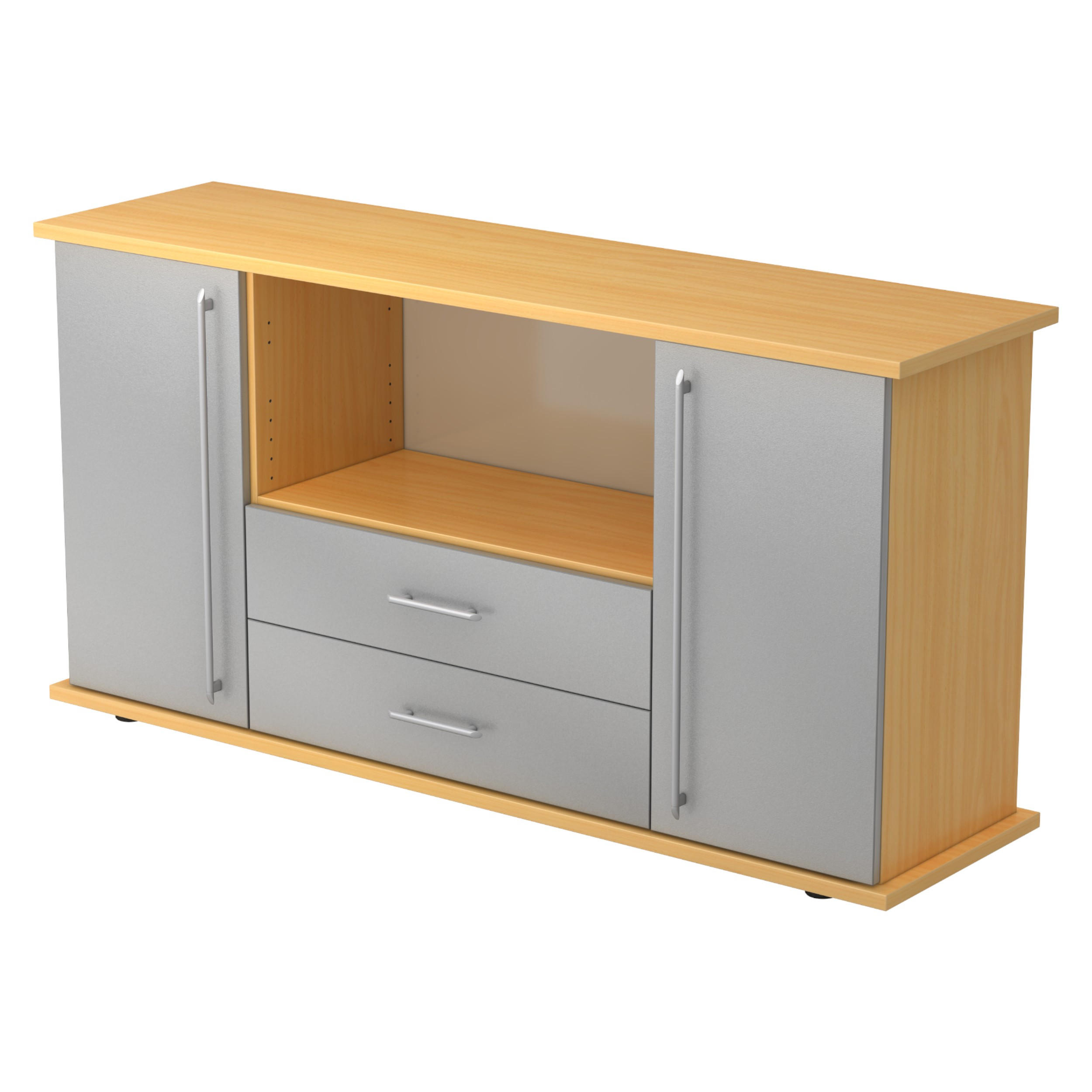 SIDEBOARD mit 2 Schübe & 2 Türen 44,8/166,1/84 cm in Buchefarben/Silberfarben Relinggriff (Kunststoff) - Buchefarben/Silberfarben, Holzwerkstoff (166.1/84/44.8cm) - bümö
