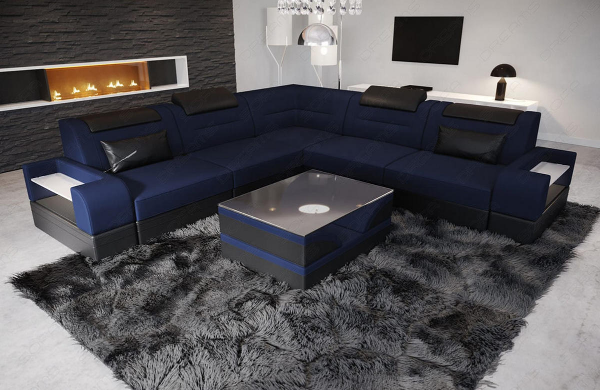 COUCH Trivento L-Form Dunkelblau Schwarz Mikrofaserstoff - Dunkelblau, Kunststoff (274/274cm)