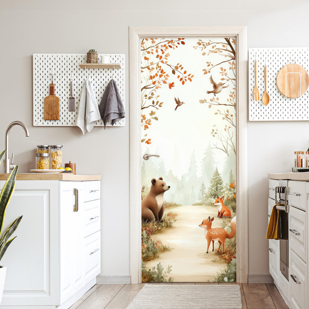 TÜRAUFKLEBER Selbstklebend - Wald - Herbst - Waldtiere - Bär - Fuchs 90x205 cm - Türtapete - Kastanienfarben, Kunststoff (90/0.1cm) - MuchoWow