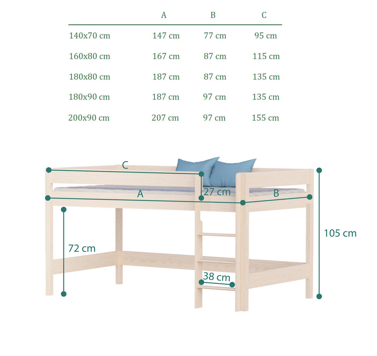 HOCHBETT Leo 200x90 naturweiß mit Matratze - Naturfarben, Holzwerkstoff (90/200cm) - LUKDOM