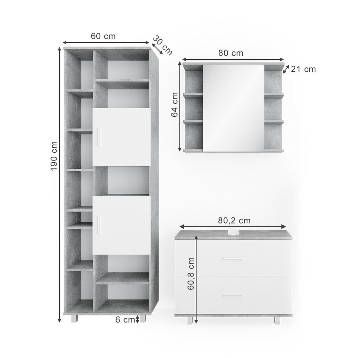 BADMÖBEL-SET Ilias Beton/Weiß 3 Teile, mit Hochschrank - Weiß/Grau, Holzwerkstoff (80.2/60.8/33cm) - Vicco