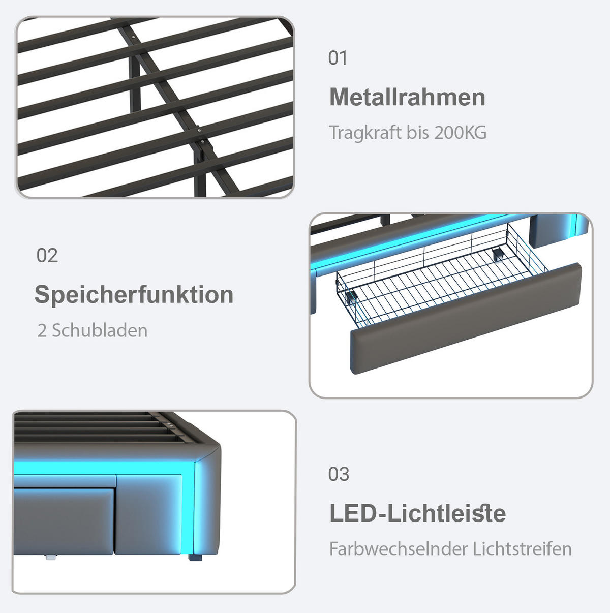 POLSTERBETT 90/200 cm ohne Kopfteil mit Schubladen, LED-Lichtleiste und Metallrahmen, Grau - Grau, Textil (90/200cm) - Redom
