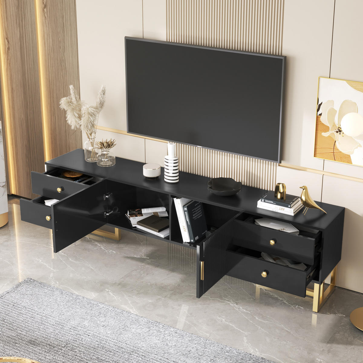 TV-SCHRANK 175/30/46 cm schwarz MDF mit 4 Schubladen und goldenen Füßen - Schwarz, Holzwerkstoff (175/46/30cm) - OKWISH