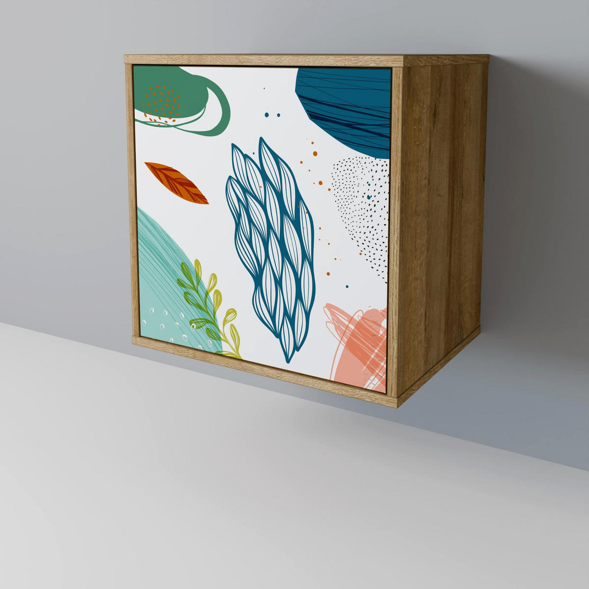 SIDEBOARD BOTANICAL HURRICANE, Eichefarben, 57,5x42x70,5 cm, Schwarze Metall-Sternfüße - Eichefarben/Multicolor, Holzwerkstoff/Metall (57.5/70.5/42cm) - SpaceRebels