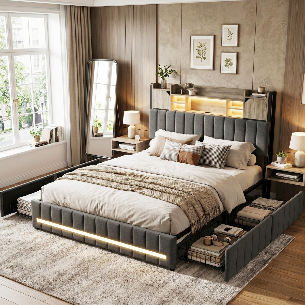 POLSTERBETT Modern 140/200 cm mit Galerie-Ablage & 4 Schubladen Leinenoptik Grau - Grau, Textil (140/200cm) - Creahappy