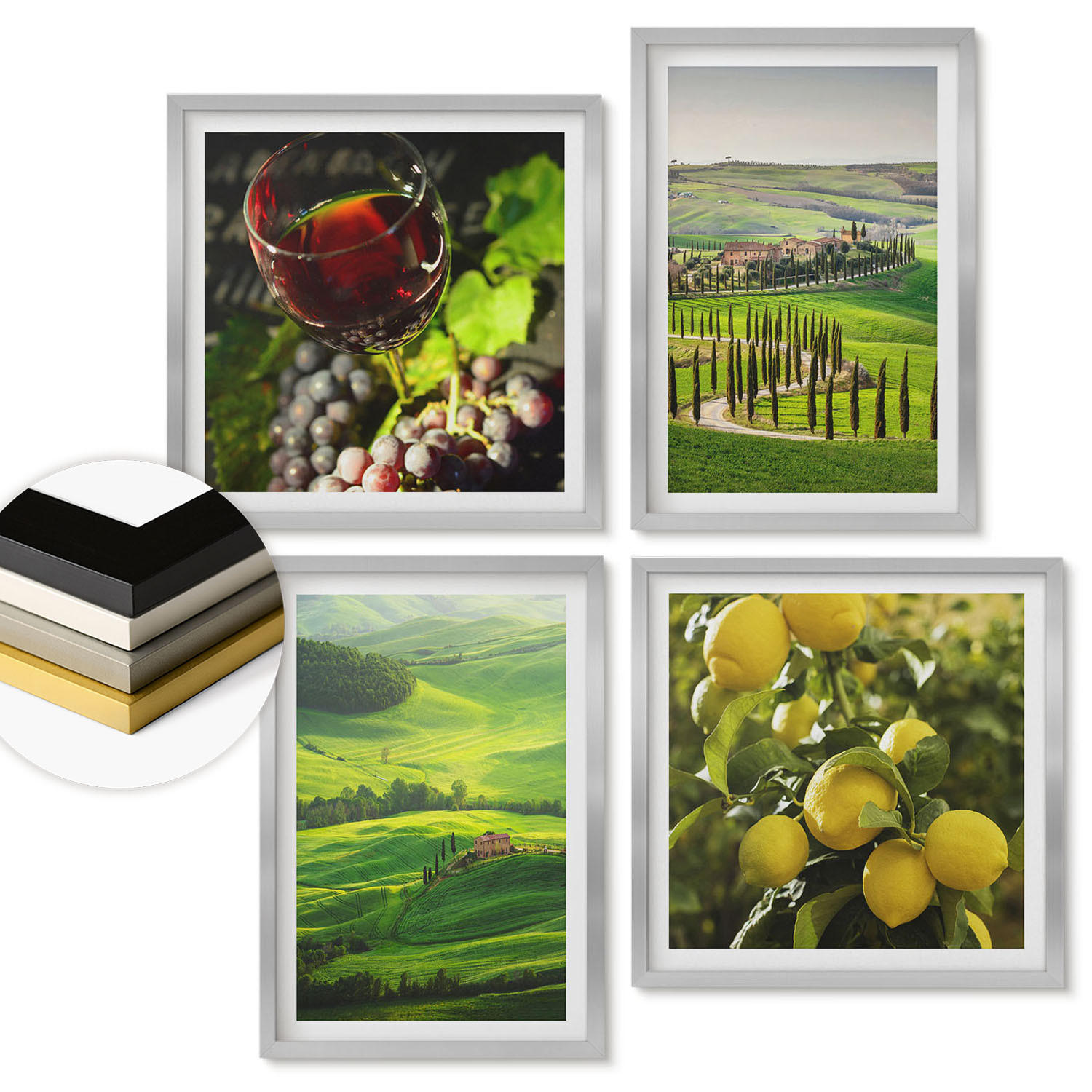 WANDBILDER 4er Set - 50x50 cm & 40x60 cm Silberner Rahmen - Italienische Landschaften, Zitrushügel - Silberfarben, Kunststoff (50/50cm) - ArtPrintCave