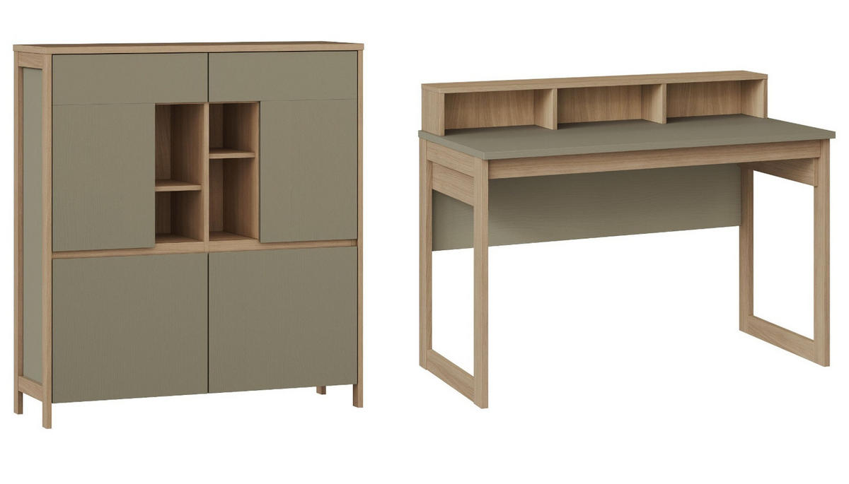 WOHNKOMBINATION Salbei grün, Eiche mit Highboard und Schreibtisch skandinavisch, Soft-Close - Salbeigrün/Eichefarben, Glas/Holzwerkstoff (246/125/60cm) - Furn.Design