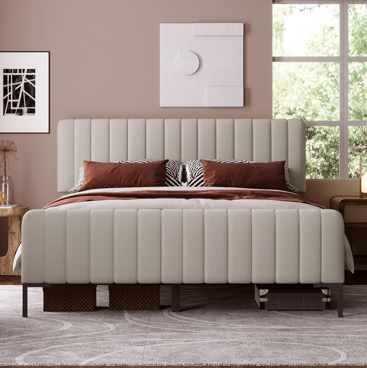 POLSTERBETT mit verstellbarem Kopfteil 140x200 cm Leinen Grau-Beige - Grau, Metall (140/200cm) - Meubliv