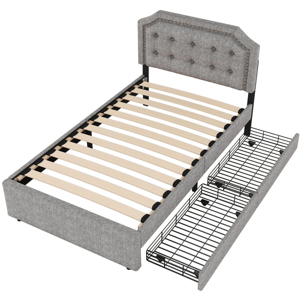 POLSTERBETT 90/200 cm grau mit Aufbewahrung und verstellbarem Nachttisch - Grau, Textil (90/200cm) - OKWISH