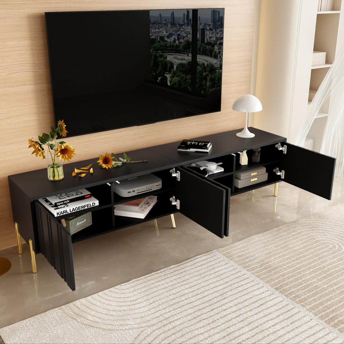TV Lowboard 190x38x48 cm, goldene Füße, Rillenfront, Schwarz - Schwarz, Holz (190/48/38cm)