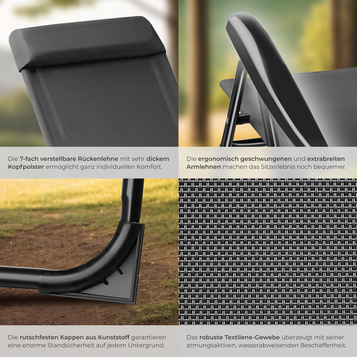 CAMPINGSTUHL Müritz,Belastbarkeit 120 kg, 57 x 65 x 112 cm,anthrazit - Anthrazit, Kunststoff (57/112/65cm) - tectake