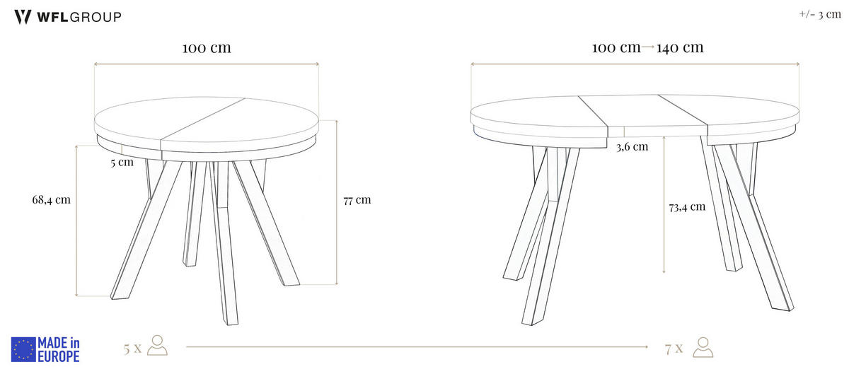ESSTISCH Strato Black runder ausziehbarer, Schwarz 100-140/100/77 cm - Schwarz, Holz/Holzwerkstoff (100/100/77cm) - WFL GROUP